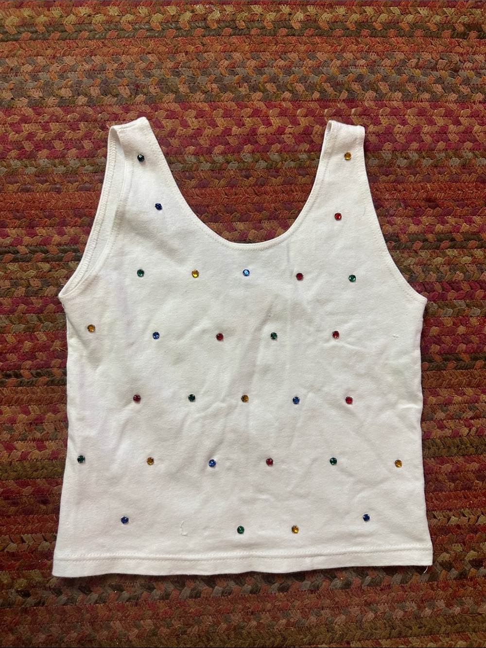 Vintage White Tank Top with Multicolor Gem Accents